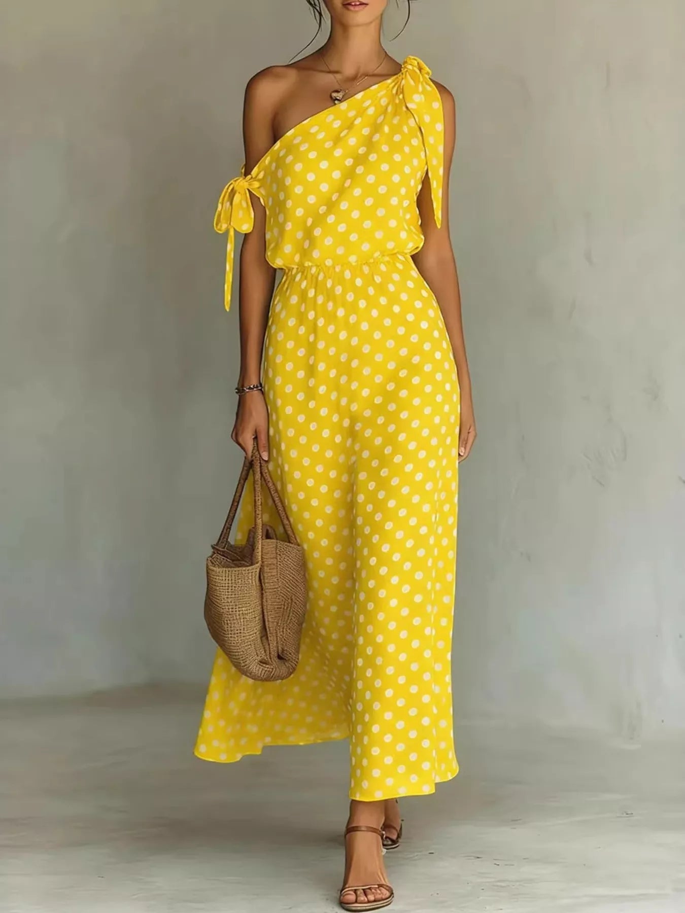 Woman wearing a yellow polka dot dress holding a woven bag against a plain background
