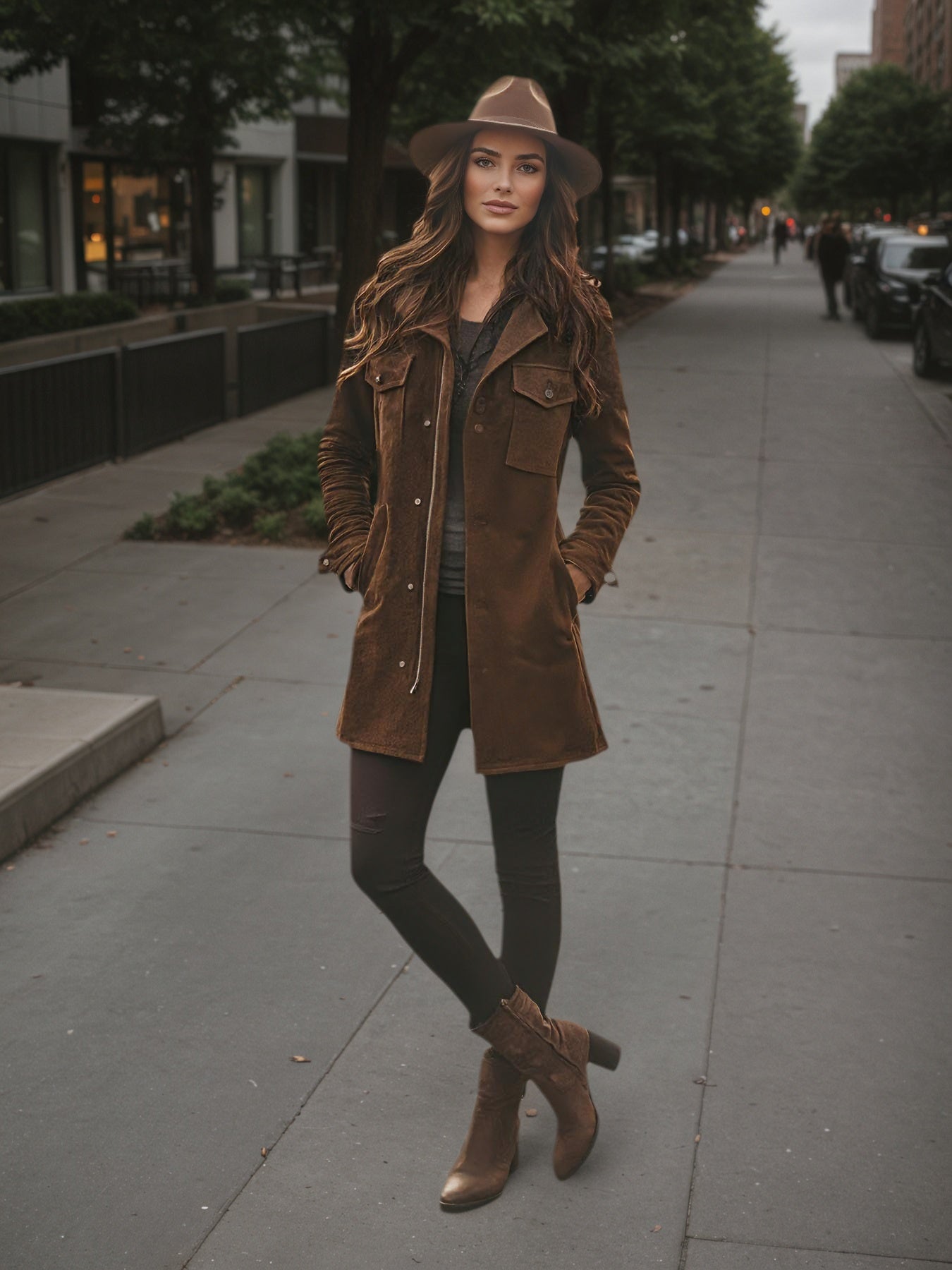 Woman in a brown coat and hat standing on a city sidewalk.