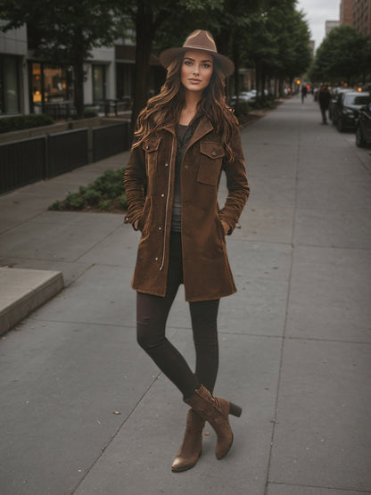 Woman in a brown coat and hat standing on a city sidewalk.