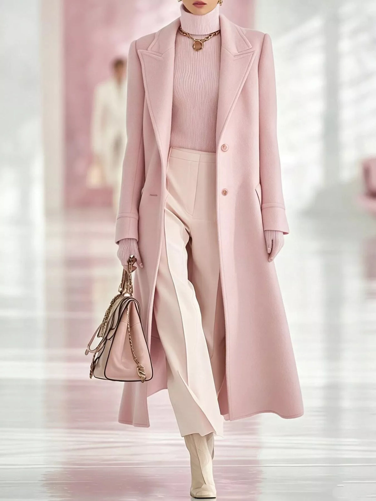 Model wearing a pink longline coat with a lapel collar and button front over a pink turtleneck and cream trousers.