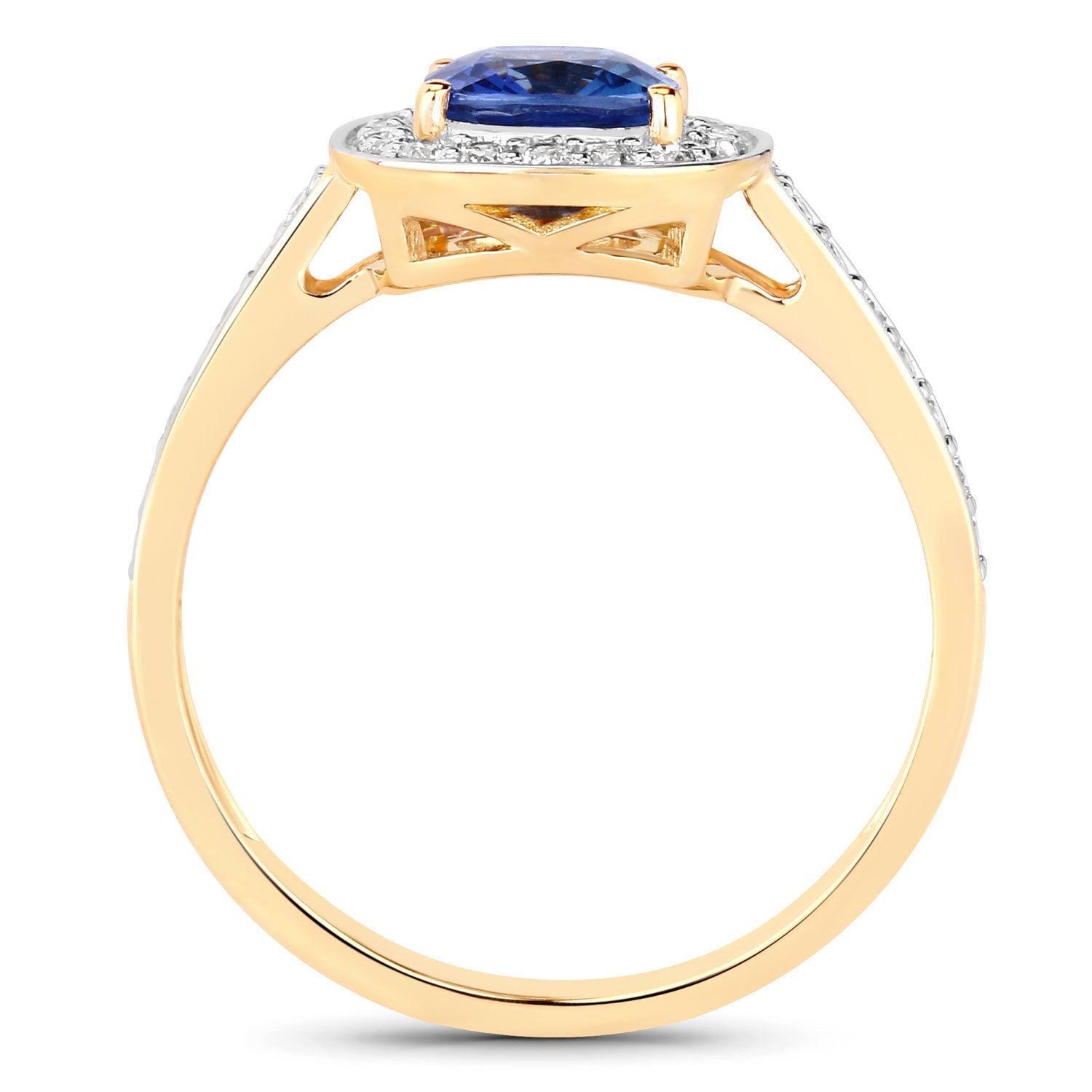 Genuine blue sapphire and white diamond ring in 18K yellow gold, featuring a 1.31 carat sapphire and intricate band design.