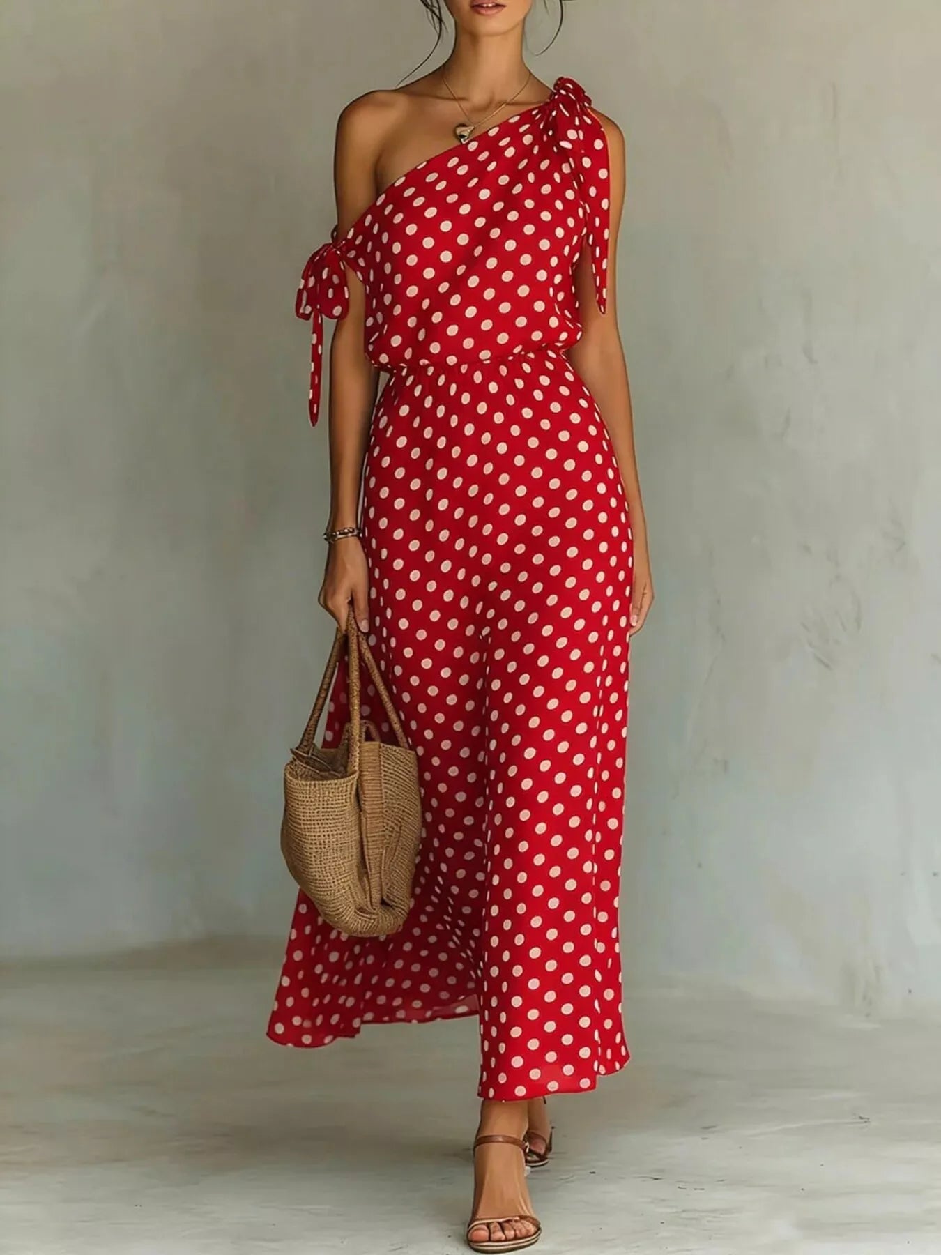 Woman wearing a red polka dot dress holding a woven bag against a plain background