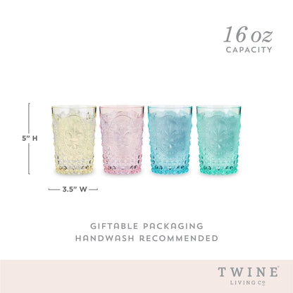 Four textured 16 oz twine glasses in pale yellow, pink, blue, and mint green, shown with height and width dimension markings on a white background with TWINE LIVING CO branding.