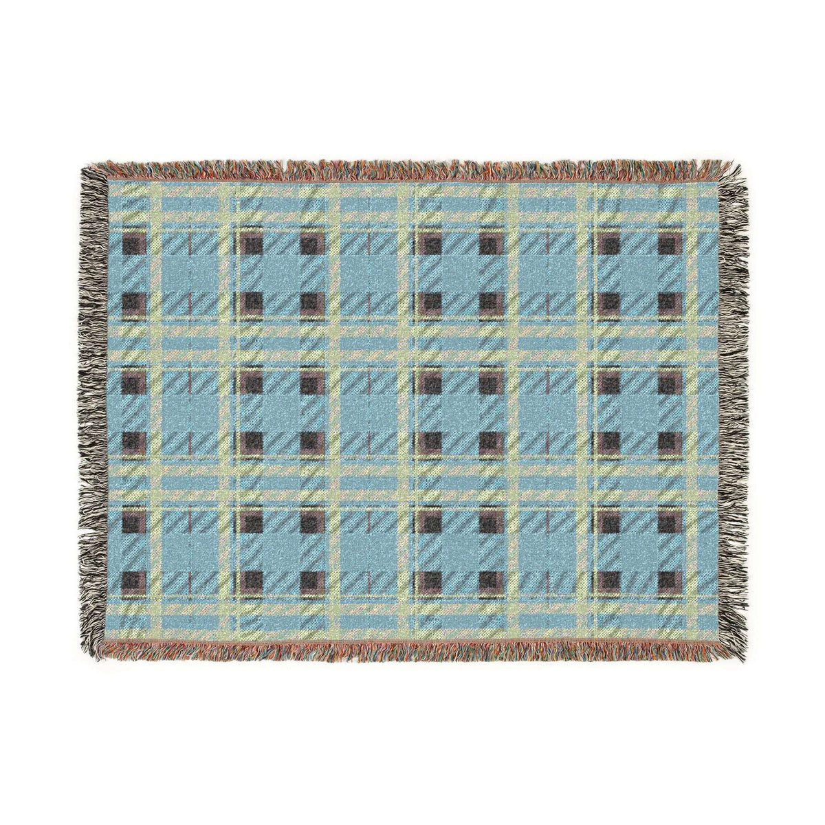 A rectangular woven throw blanket with a light blue, beige, and brown plaid pattern and fringed edges, shown flat against a white background.