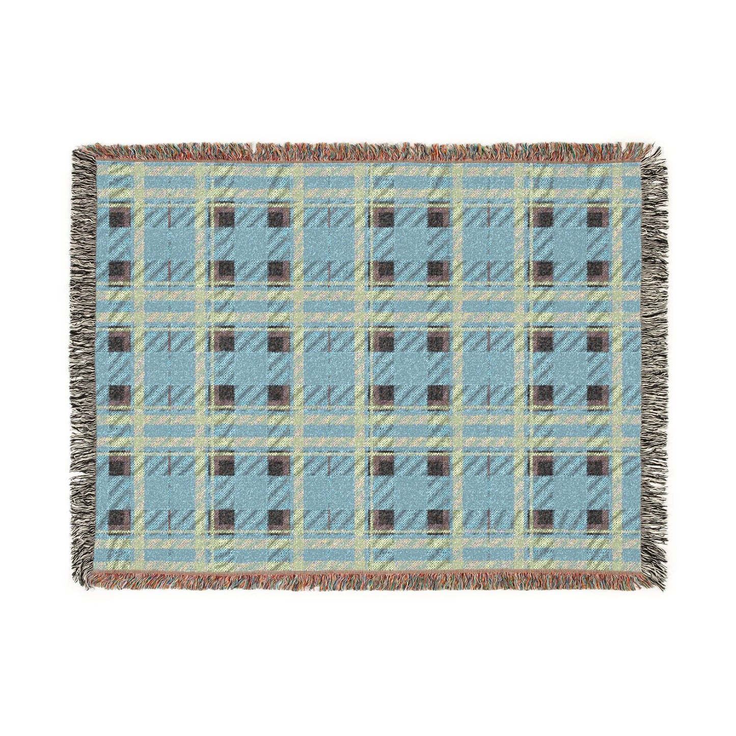 A rectangular woven throw blanket with a light blue, beige, and brown plaid pattern and fringed edges, shown flat against a white background.