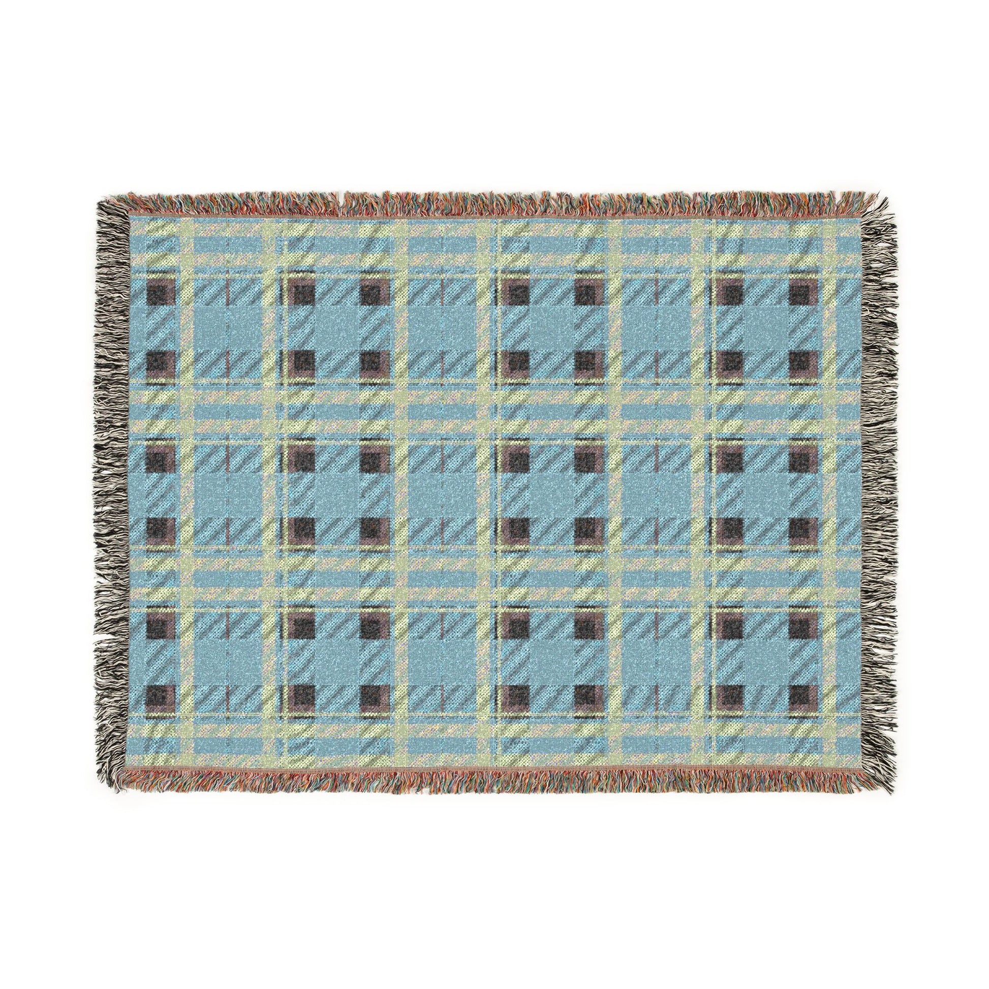 A rectangular woven throw blanket with a light blue, beige, and brown plaid pattern and fringed edges, shown flat against a white background.