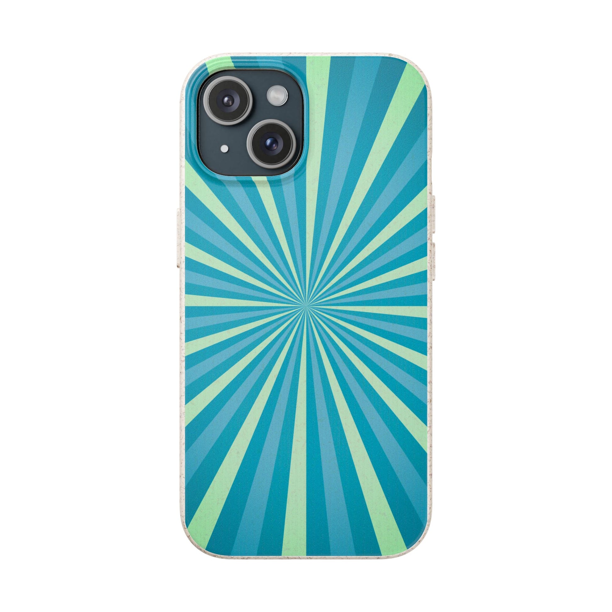 A protective phone case featuring a retro radial sunburst pattern in shades of teal, blue, and mint green, shown on a plain white background.