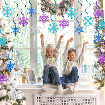 20 Pcs Winter Snowflake Hanging Swirl Decorations - Snowflakes Hanging Ceiling Streamers Blue Silver Purple Snowflakes Garland Ornament for Frozen Winter Wonderland Holiday Birthday Party Decorations