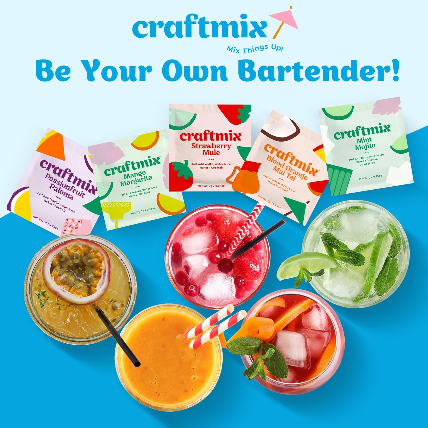 Craftmix Variety Pack, Makes 12 Drinks, Skinny Cocktail Mixers, Mocktails Non-Alcoholic Drinks - Made With Real Fruit - Vegan Low-Carb, Low-Sugar, Non-GMO, Dairy Free, Gluten Free, Easy to Mix