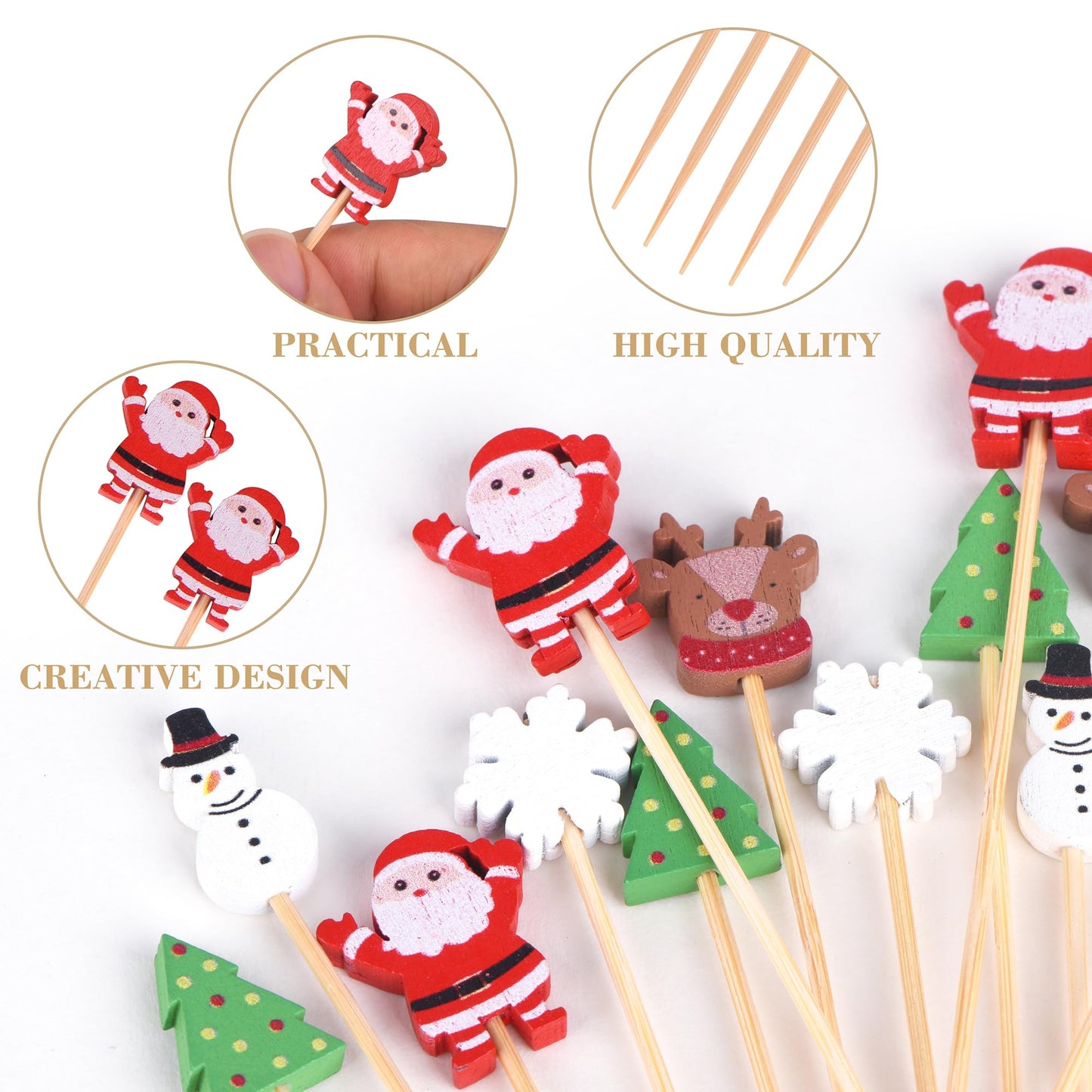 JtmyAota 100 Pack Christmas Toothpicks for Appetizers, 4.7 Inch Natural Bamboo Cocktail Picks for Cake Dessert Food Fruit Christmas Party Decorations