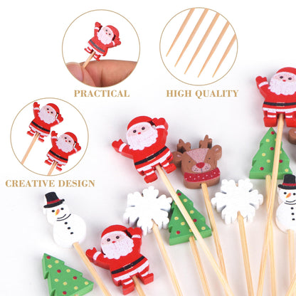 JtmyAota 100 Pack Christmas Toothpicks for Appetizers, 4.7 Inch Natural Bamboo Cocktail Picks for Cake Dessert Food Fruit Christmas Party Decorations