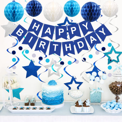 meowtastic Birthday Decorations, Happy Birthday Banner with Honeycomb Balls, Stars Hanging Swirl Streamers, Circle Dots Garland, Happy Birthday Party Decorations for Women Men Boys Girls (Blue)