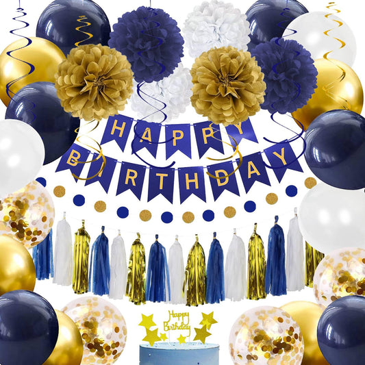 Birthday Decorations for Men Boys | Navy Blue Gold White Happy Birthday Party Decorations Kit | Banner, Balloons, Tissue Pompoms, Swirls, Tassels Garland