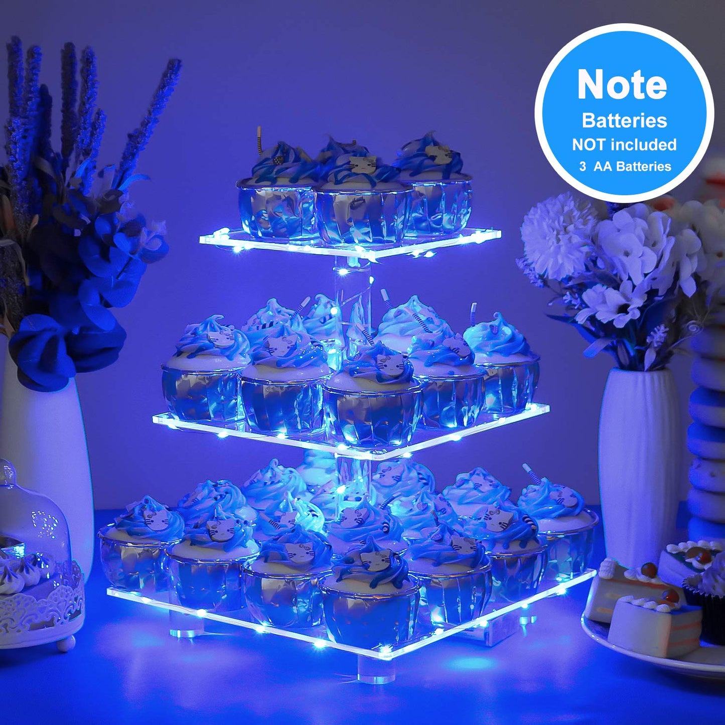 YestBuy 4 Tier Cupcake Stand Acrylic Tower Display with LED Light Premium Holder Dessert Tree Tower for Birthday Cady Bar Décor Weddings, Parties Events (Yellow Light)