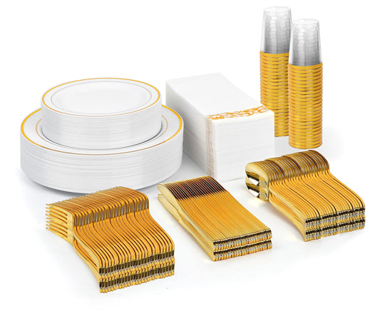 BAYZZ 350 Piece Gold Dinnerware Set, 50 Guest Gold Rim Plastic Plates, 50 Gold Plastic Silverware, 50 Gold Cups, 50 Gold Napkins, Disposable Dinnerware Set 50 Guest, For Wedding, Party