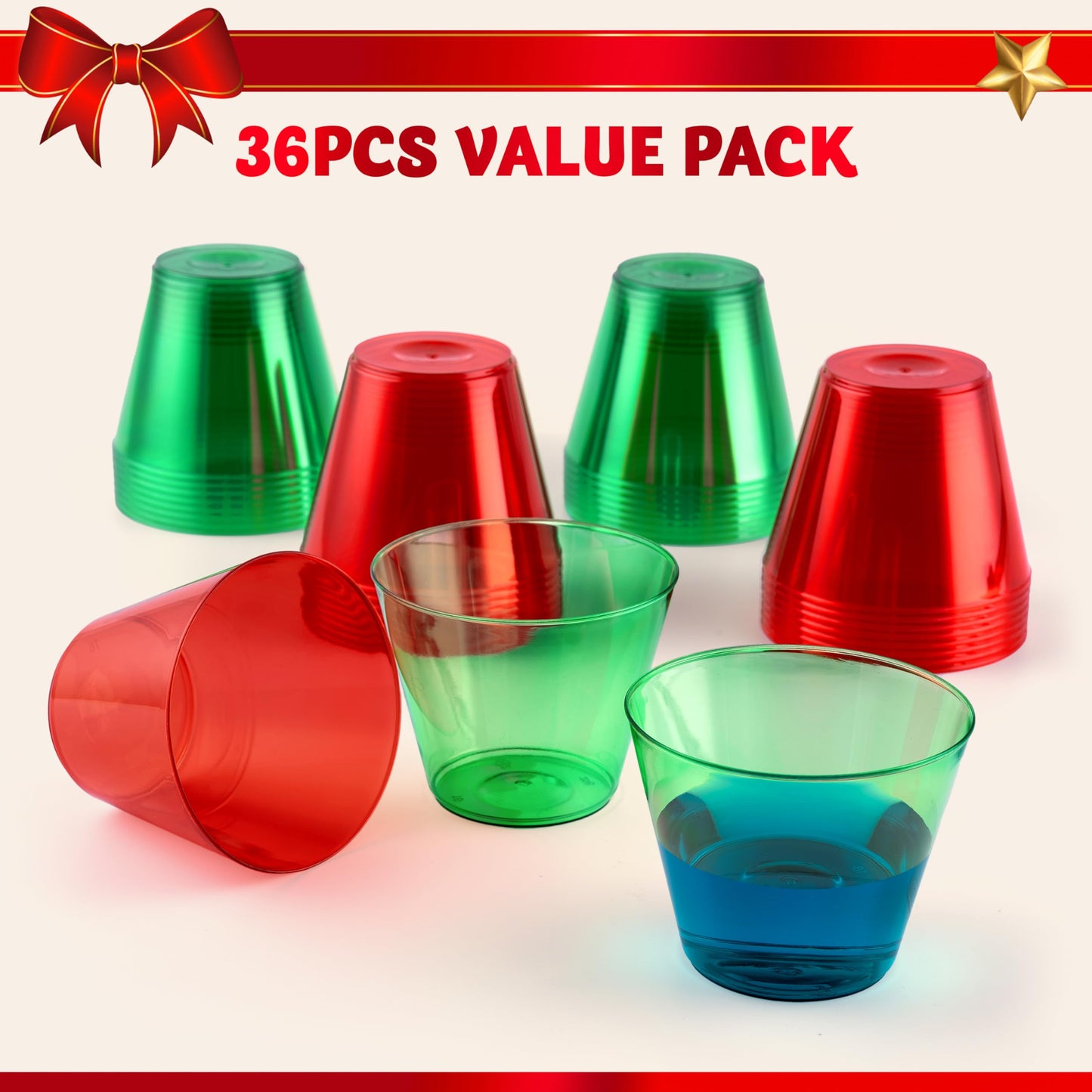 JOYIN 36 PCS Clear Disposable Plastic Cups, 9 OZ Christmas Red and Green Plastic Drinking Cups, Plastic Wine Glasses for Xmas Party Supplies, Wedding, Thanksgiving, Birthday, Holiday, New Year