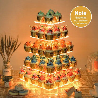 YestBuy 4 Tier Cupcake Stand Acrylic Tower Display with LED Light Premium Holder Dessert Tree Tower for Birthday Cady Bar Décor Weddings, Parties Events (Yellow Light)