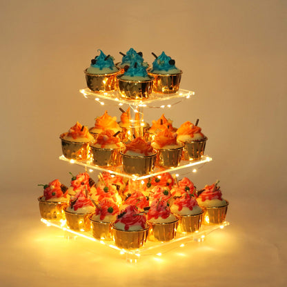 YestBuy 4 Tier Cupcake Stand Acrylic Tower Display with LED Light Premium Holder Dessert Tree Tower for Birthday Cady Bar Décor Weddings, Parties Events (Yellow Light)