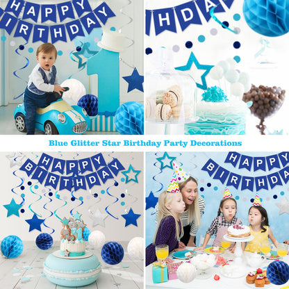 meowtastic Birthday Decorations, Happy Birthday Banner with Honeycomb Balls, Stars Hanging Swirl Streamers, Circle Dots Garland, Happy Birthday Party Decorations for Women Men Boys Girls (Blue)