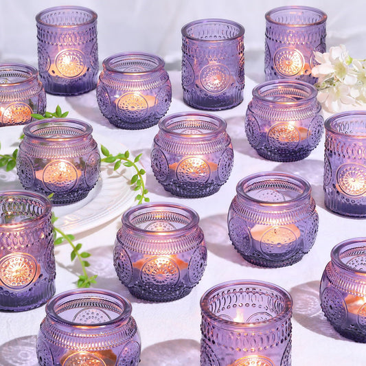 30pcs Assorted Purple Votive Candle Holders for Wedding Decorations, Boho Glass TeaLight Candle Holder, Wedding Table Centerpieces, Bridal Shower Decorations, Retro Purple Party Decor, Wedding Favors