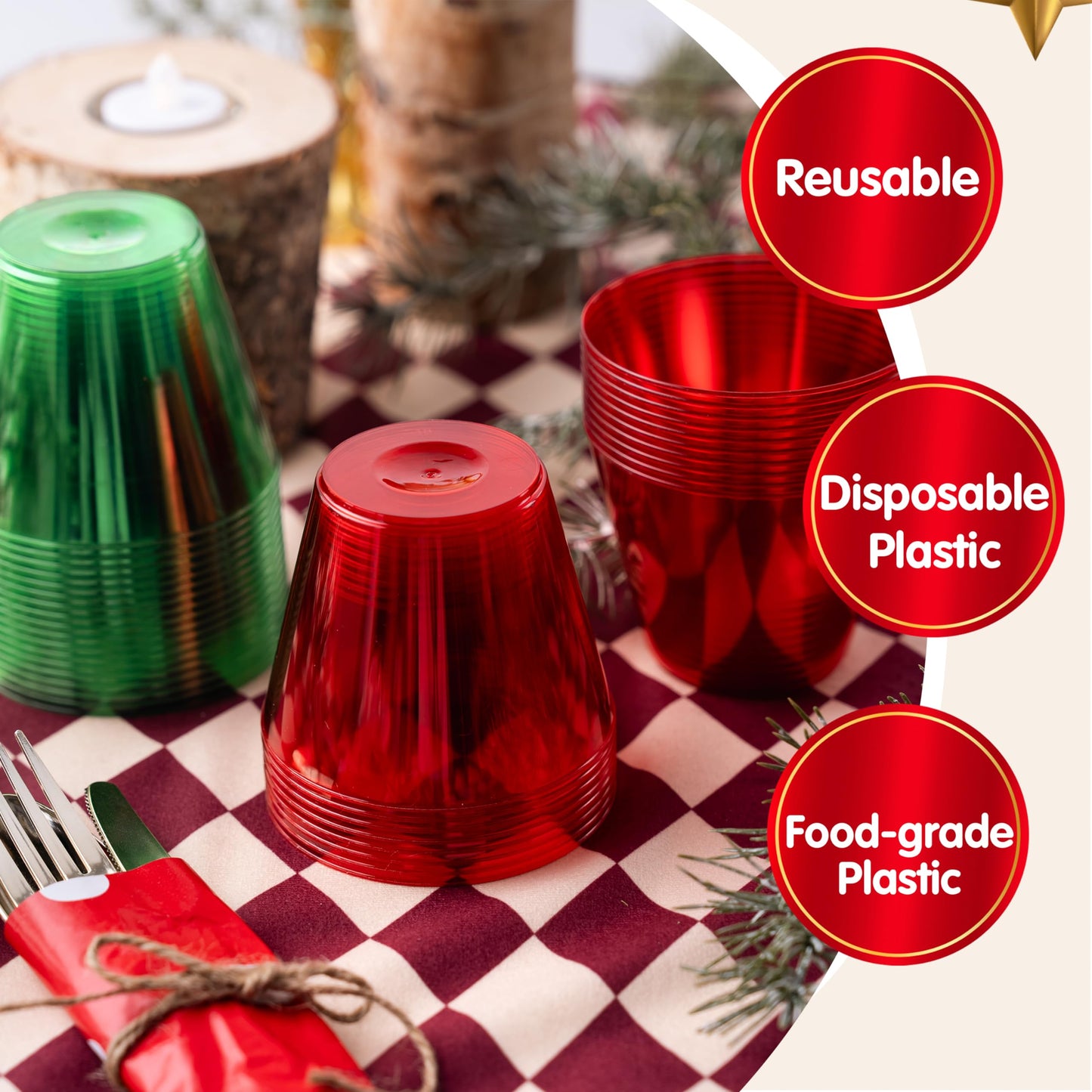 JOYIN 36 PCS Clear Disposable Plastic Cups, 9 OZ Christmas Red and Green Plastic Drinking Cups, Plastic Wine Glasses for Xmas Party Supplies, Wedding, Thanksgiving, Birthday, Holiday, New Year