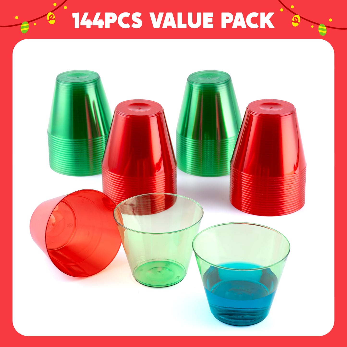 JOYIN 36 PCS Clear Disposable Plastic Cups, 9 OZ Christmas Red and Green Plastic Drinking Cups, Plastic Wine Glasses for Xmas Party Supplies, Wedding, Thanksgiving, Birthday, Holiday, New Year