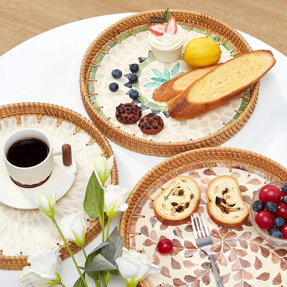 Round Rattan Tray with Mother of Pearl Inlay, Rattan Serving Tray with Wooden Base, Decorative Wicker Basket for Table Decor, Storage and Display of Coffee Bread Food Fruit (Plume)