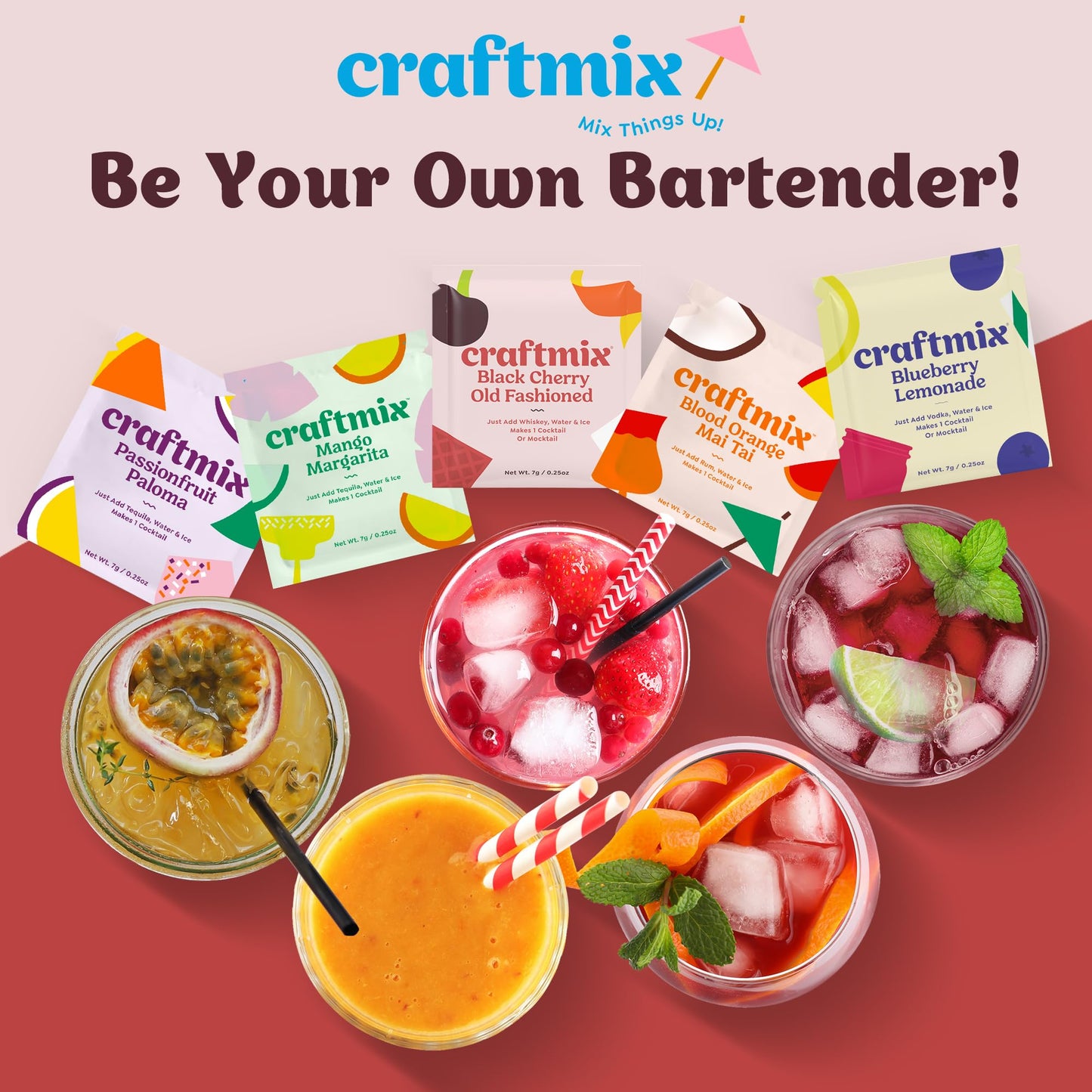 Craftmix Variety Pack, Makes 12 Drinks, Skinny Cocktail Mixers, Mocktails Non-Alcoholic Drinks - Made With Real Fruit - Vegan Low-Carb, Low-Sugar, Non-GMO, Dairy Free, Gluten Free, Easy to Mix