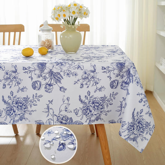 Blue and White Floral Tablecloth 60 x 120 Inch, Vintage Rectangle Table Cloth, Spill-Proof Stain Resistant Decorative Fabric Table Cover for Dining, Party, Picnic