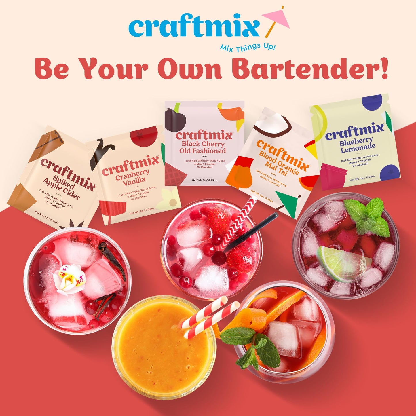 Craftmix Variety Pack, Makes 12 Drinks, Skinny Cocktail Mixers, Mocktails Non-Alcoholic Drinks - Made With Real Fruit - Vegan Low-Carb, Low-Sugar, Non-GMO, Dairy Free, Gluten Free, Easy to Mix