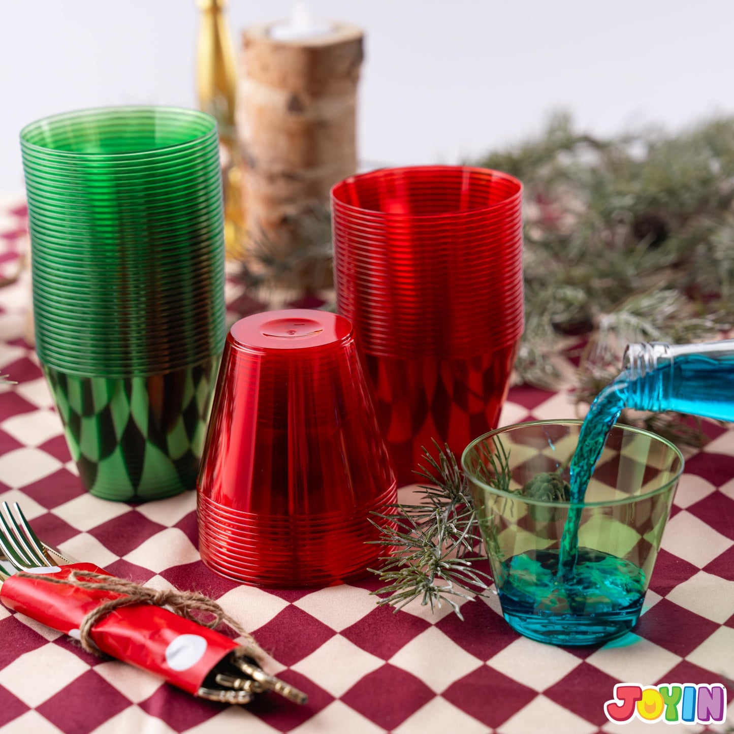 JOYIN 36 PCS Clear Disposable Plastic Cups, 9 OZ Christmas Red and Green Plastic Drinking Cups, Plastic Wine Glasses for Xmas Party Supplies, Wedding, Thanksgiving, Birthday, Holiday, New Year