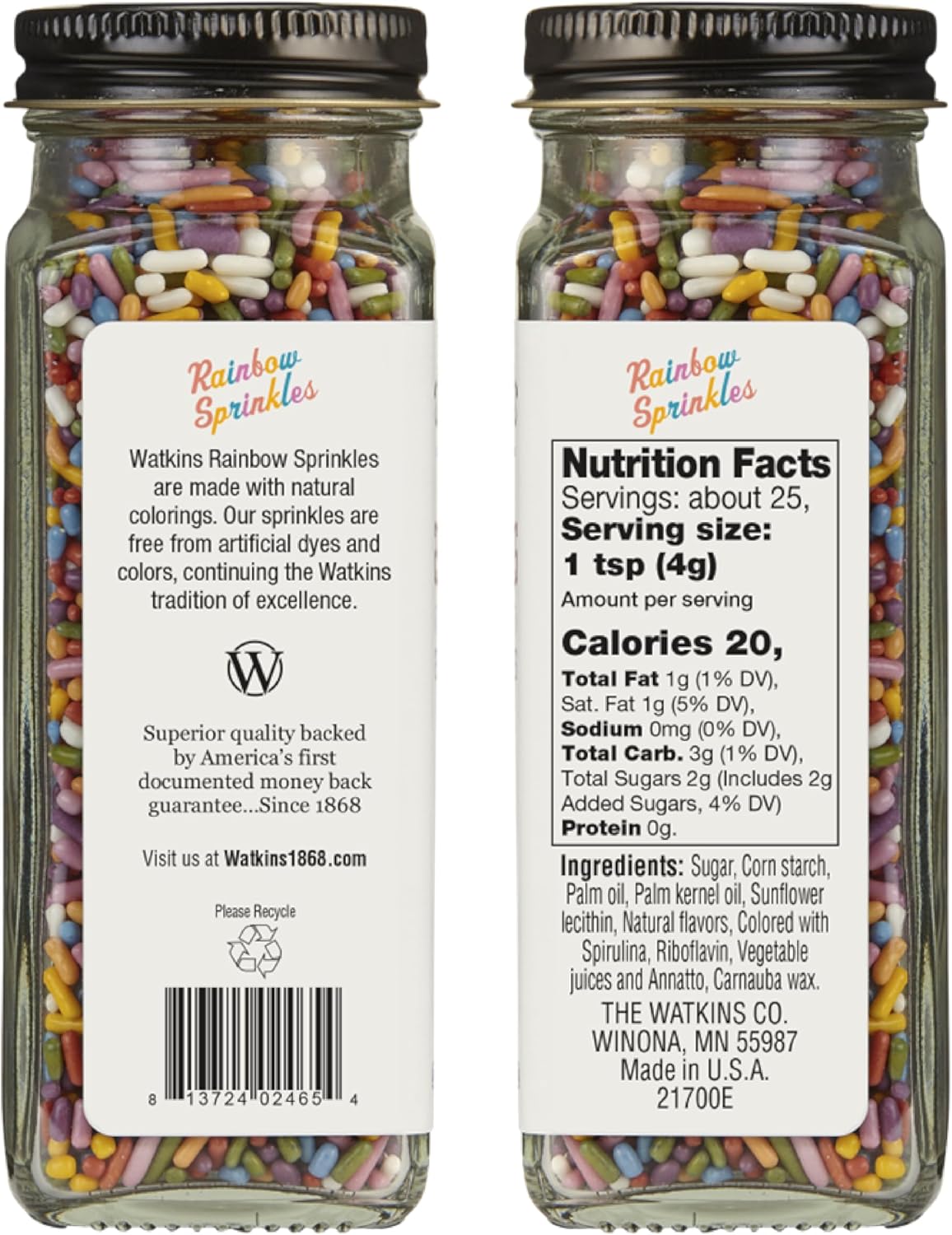 Watkins Rainbow Decorating Sprinkles, No Artificial Dyes, Kosher, 3.4 Ounce Jar, 1-Pack