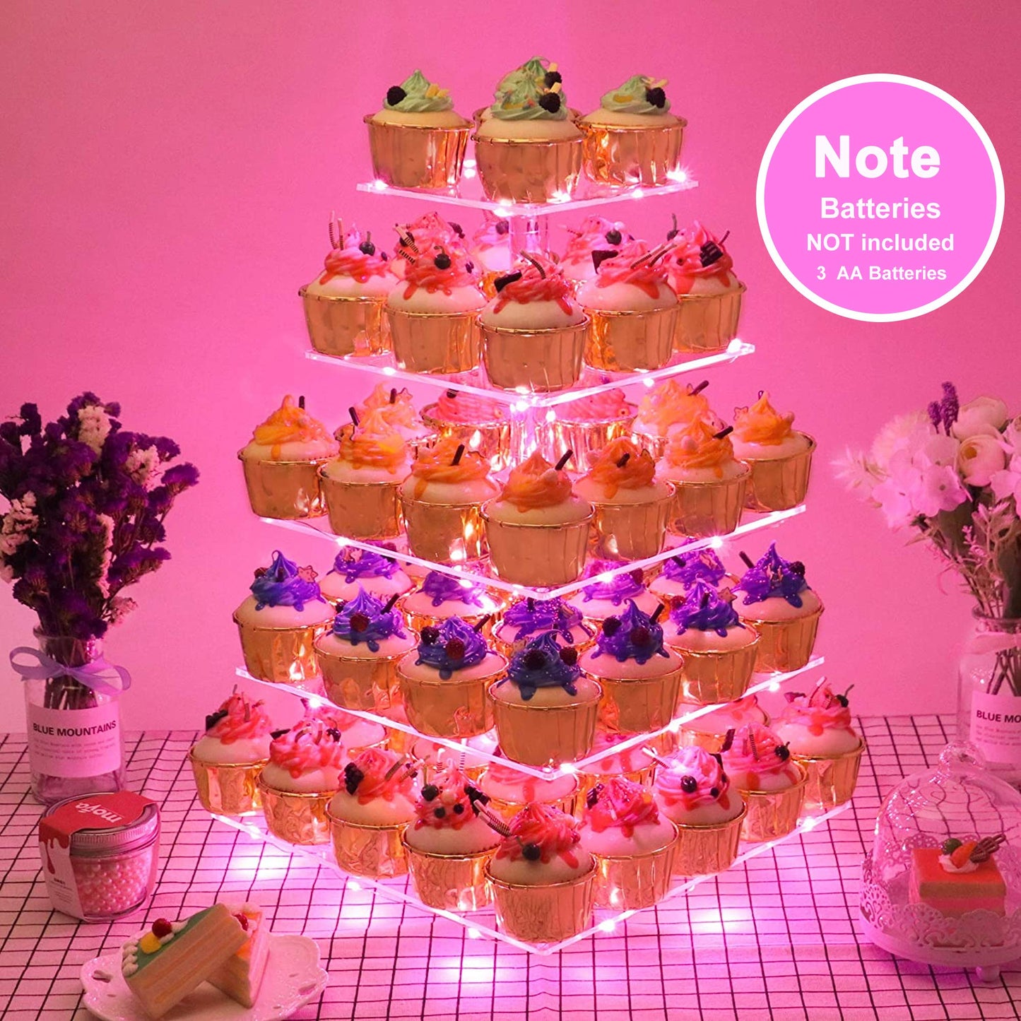 YestBuy 4 Tier Cupcake Stand Acrylic Tower Display with LED Light Premium Holder Dessert Tree Tower for Birthday Cady Bar Décor Weddings, Parties Events (Yellow Light)