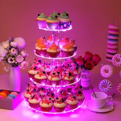 YestBuy 4 Tier Cupcake Stand Acrylic Tower Display with LED Light Premium Holder Dessert Tree Tower for Birthday Cady Bar Décor Weddings, Parties Events (Yellow Light)