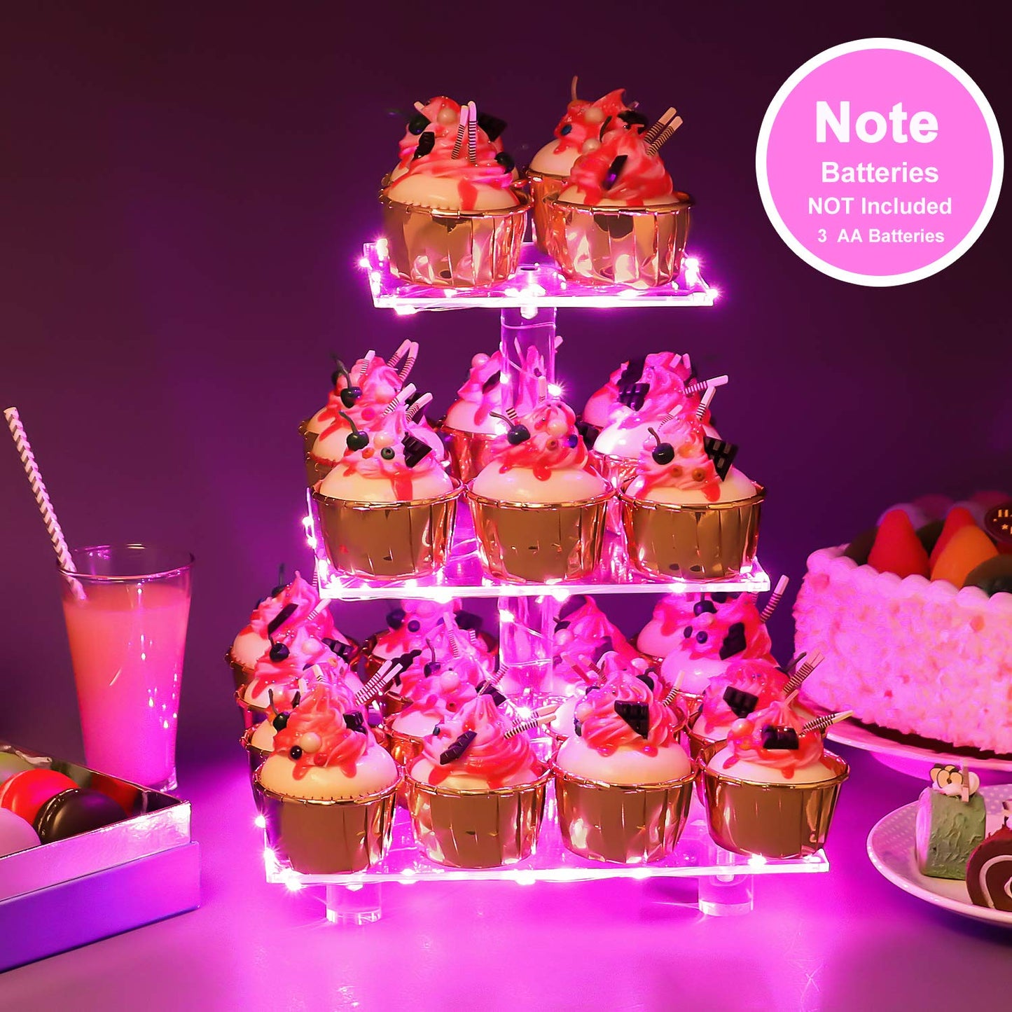 YestBuy 4 Tier Cupcake Stand Acrylic Tower Display with LED Light Premium Holder Dessert Tree Tower for Birthday Cady Bar Décor Weddings, Parties Events (Yellow Light)