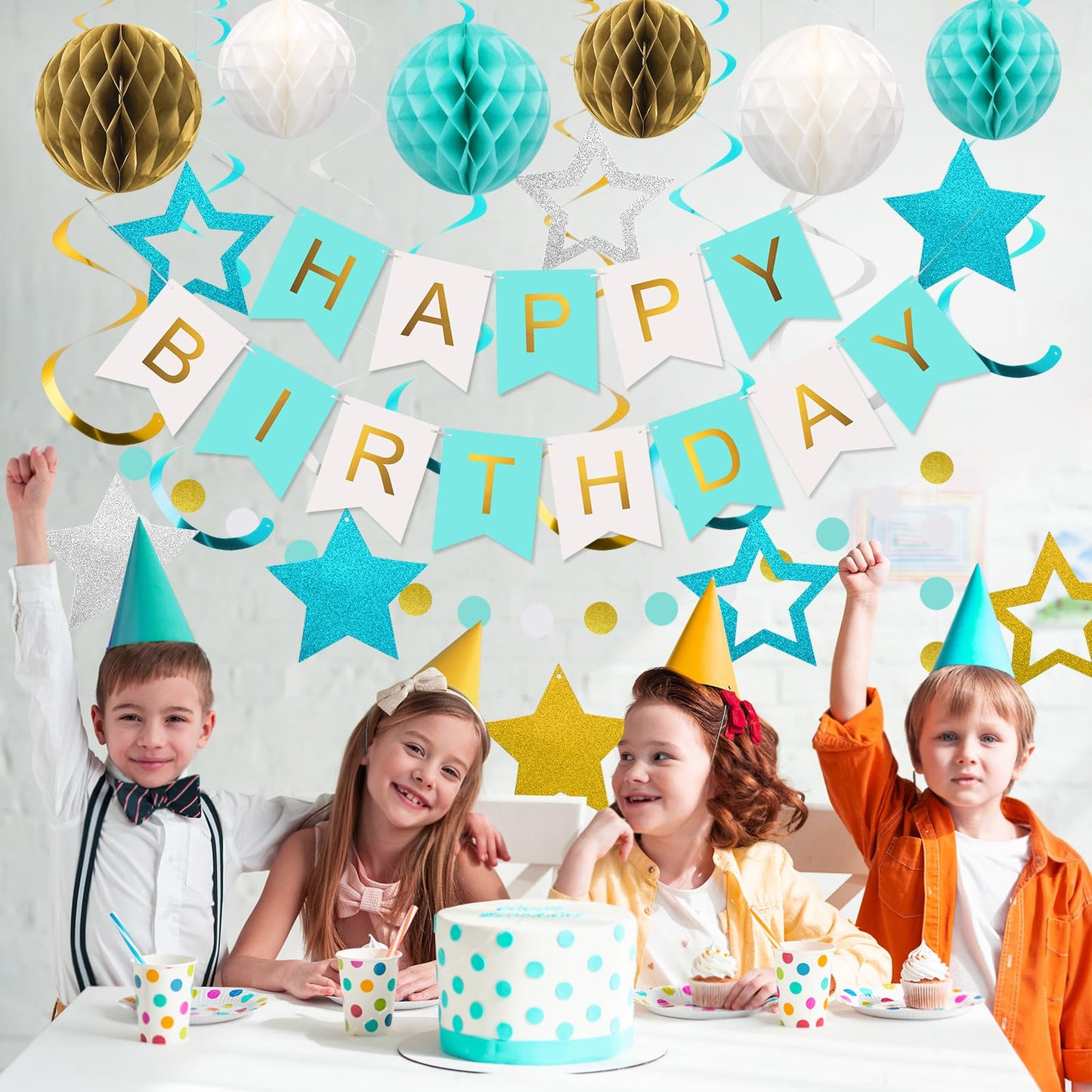 meowtastic Birthday Decorations, Happy Birthday Banner with Honeycomb Balls, Stars Hanging Swirl Streamers, Circle Dots Garland, Happy Birthday Party Decorations for Women Men Boys Girls (Blue)