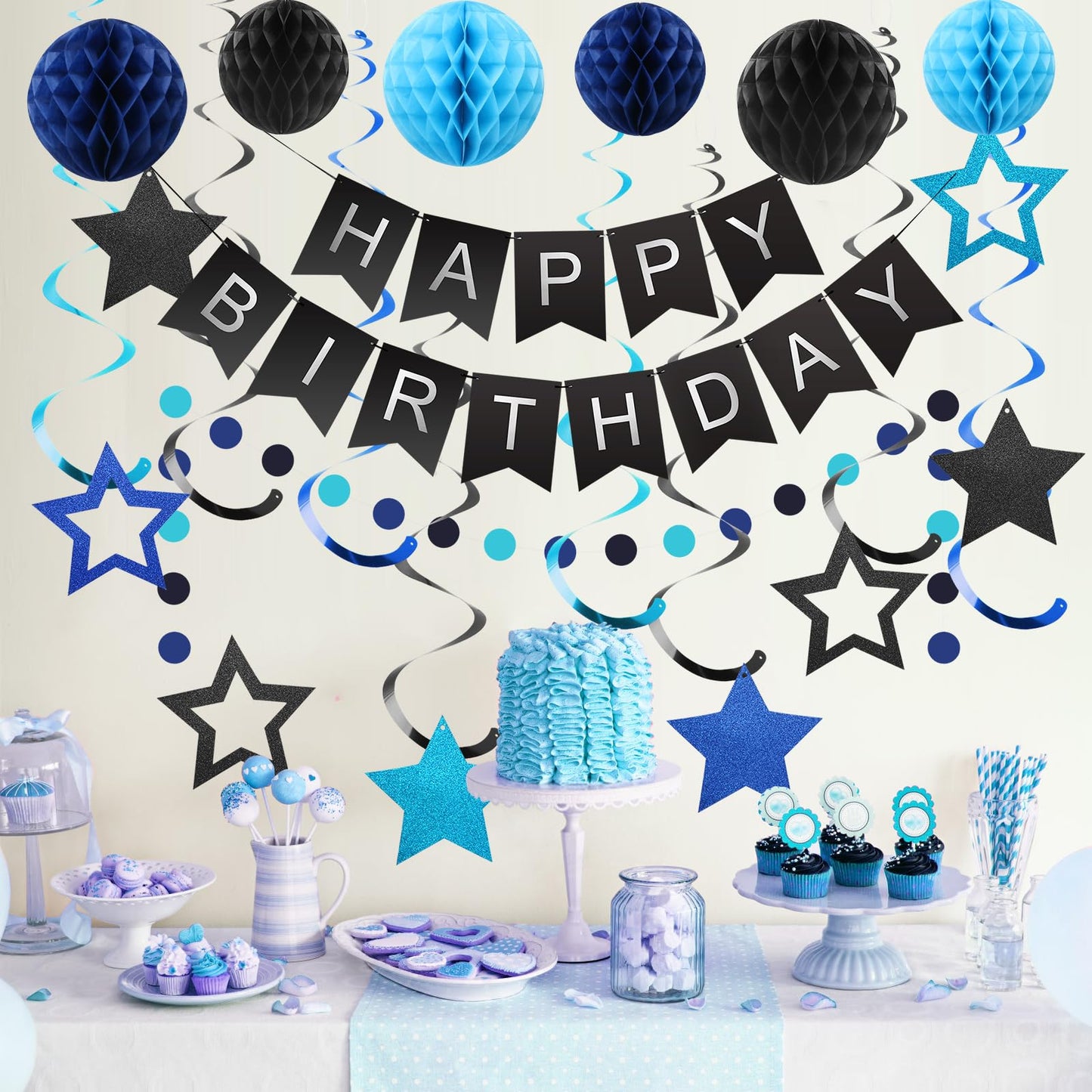 meowtastic Birthday Decorations, Happy Birthday Banner with Honeycomb Balls, Stars Hanging Swirl Streamers, Circle Dots Garland, Happy Birthday Party Decorations for Women Men Boys Girls (Blue)