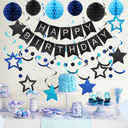 meowtastic Birthday Decorations, Happy Birthday Banner with Honeycomb Balls, Stars Hanging Swirl Streamers, Circle Dots Garland, Happy Birthday Party Decorations for Women Men Boys Girls (Blue)