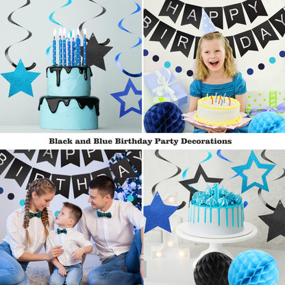 meowtastic Birthday Decorations, Happy Birthday Banner with Honeycomb Balls, Stars Hanging Swirl Streamers, Circle Dots Garland, Happy Birthday Party Decorations for Women Men Boys Girls (Blue)