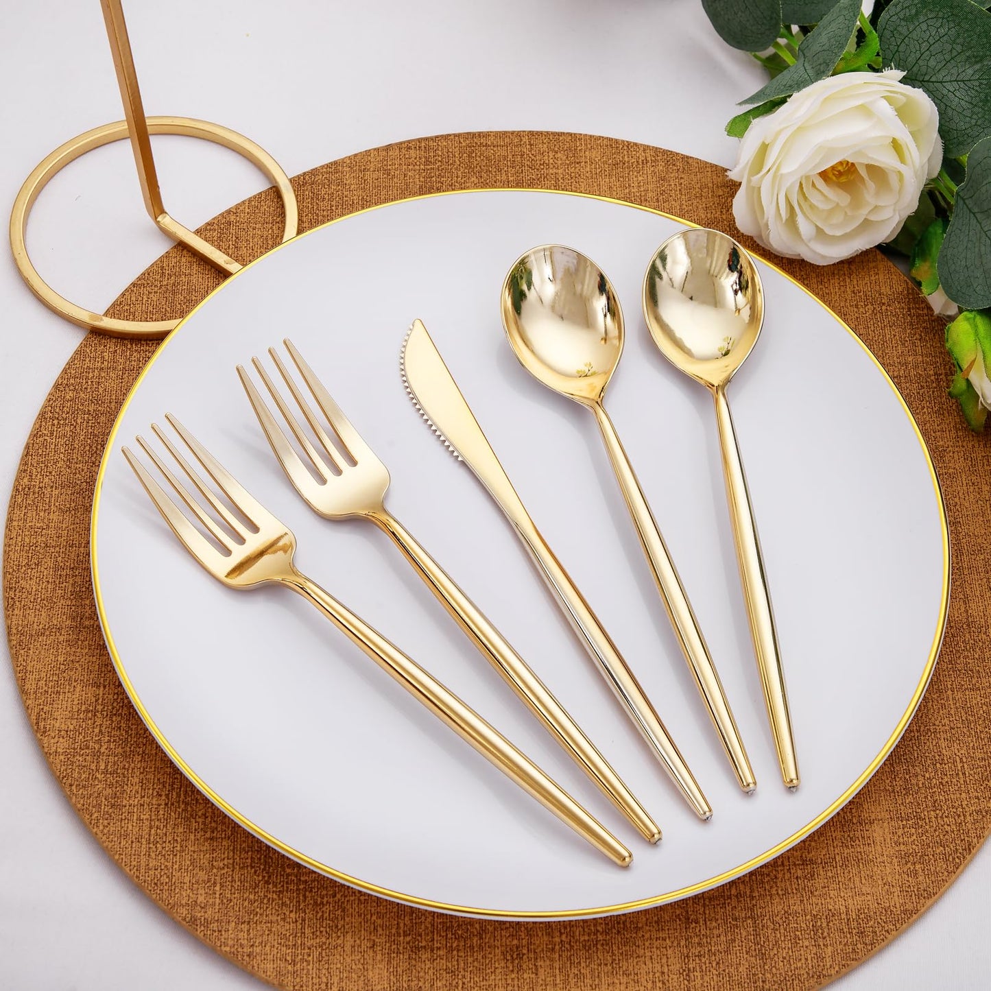 Rubtlamp 90Pcs Gold Plastic Silverware, Gold Plastic Utensils With Pink Handles Include 30 Plastic Gold Knives, 60 Plastic Forks and Spoons, Pink Plastic Silverware Heavy Duty For Party, Vlentines Day