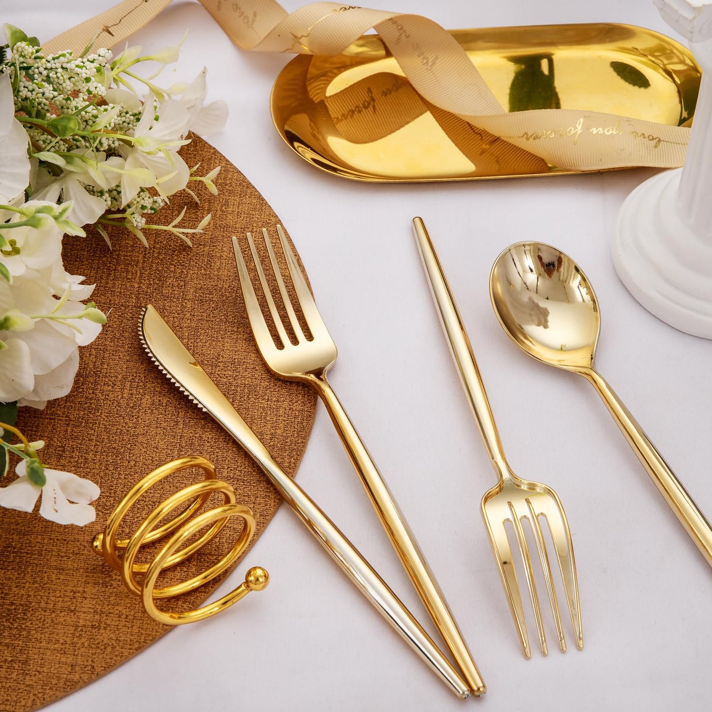 Rubtlamp 90Pcs Gold Plastic Silverware, Gold Plastic Utensils With Pink Handles Include 30 Plastic Gold Knives, 60 Plastic Forks and Spoons, Pink Plastic Silverware Heavy Duty For Party, Vlentines Day