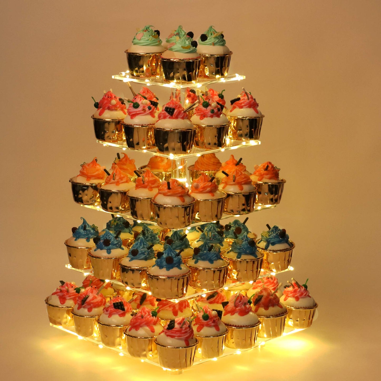 YestBuy 4 Tier Cupcake Stand Acrylic Tower Display with LED Light Premium Holder Dessert Tree Tower for Birthday Cady Bar Décor Weddings, Parties Events (Yellow Light)