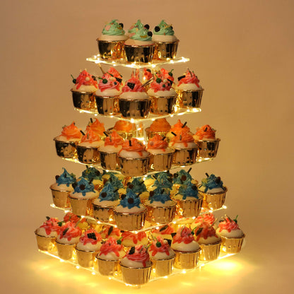 YestBuy 4 Tier Cupcake Stand Acrylic Tower Display with LED Light Premium Holder Dessert Tree Tower for Birthday Cady Bar Décor Weddings, Parties Events (Yellow Light)