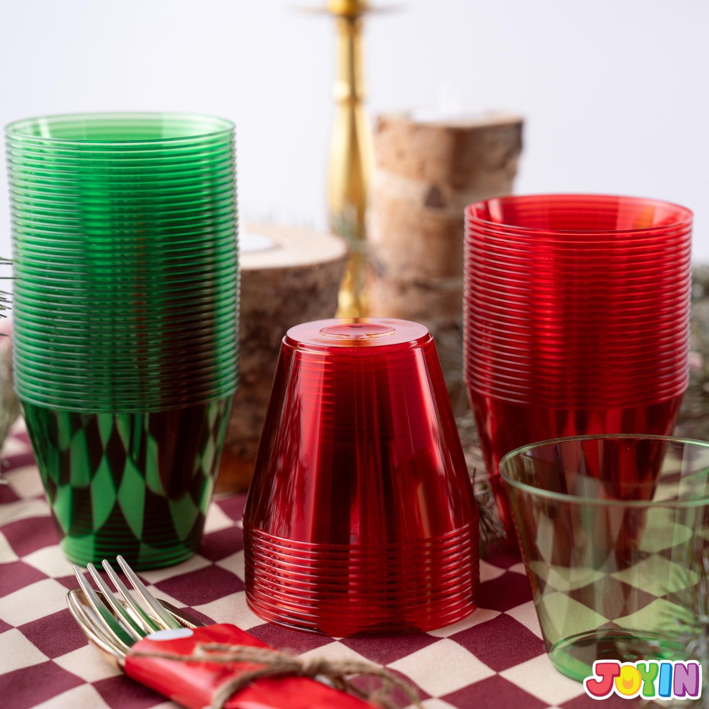 JOYIN 36 PCS Clear Disposable Plastic Cups, 9 OZ Christmas Red and Green Plastic Drinking Cups, Plastic Wine Glasses for Xmas Party Supplies, Wedding, Thanksgiving, Birthday, Holiday, New Year