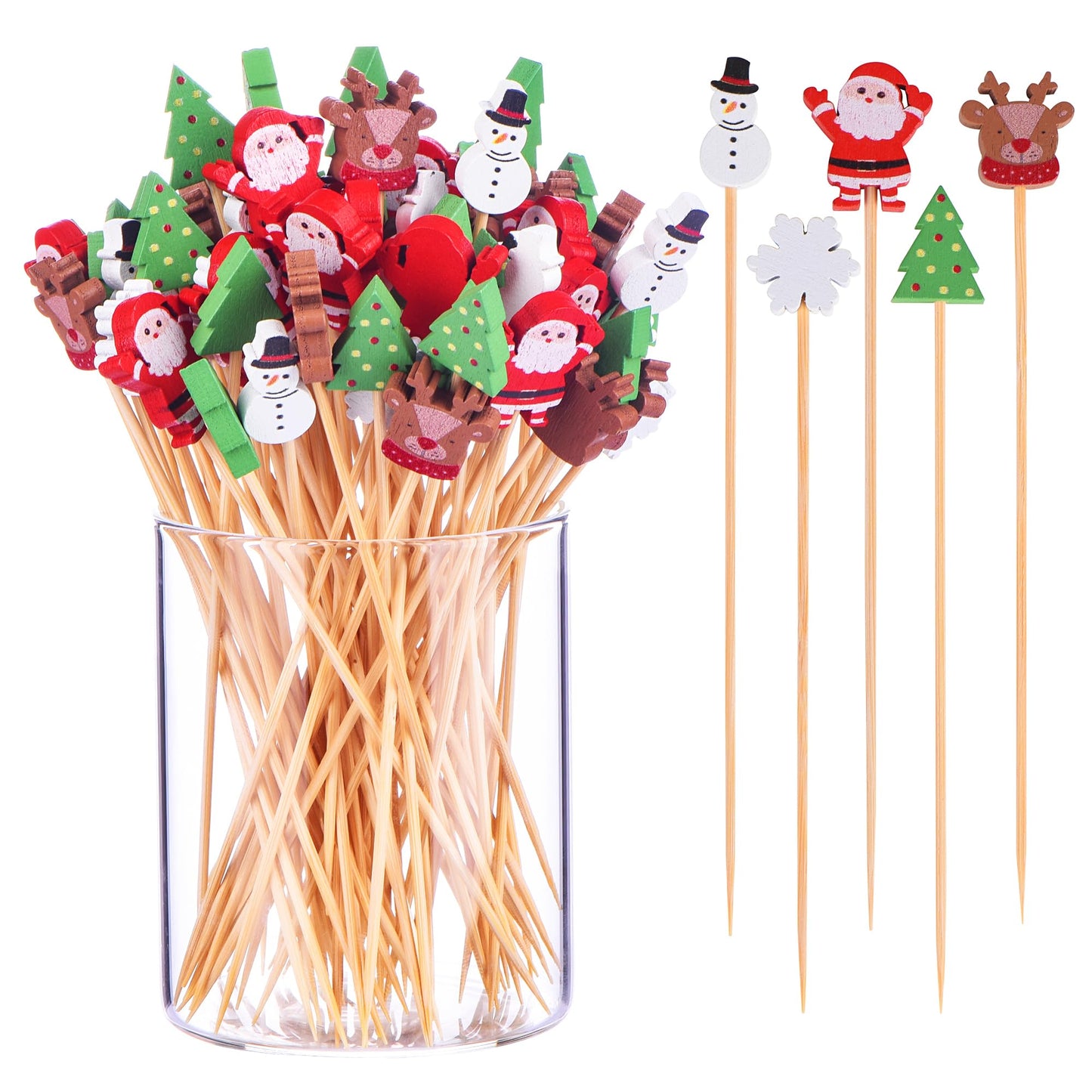 JtmyAota 100 Pack Christmas Toothpicks for Appetizers, 4.7 Inch Natural Bamboo Cocktail Picks for Cake Dessert Food Fruit Christmas Party Decorations