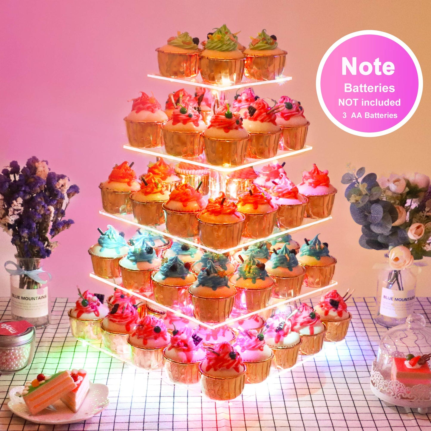 YestBuy 4 Tier Cupcake Stand Acrylic Tower Display with LED Light Premium Holder Dessert Tree Tower for Birthday Cady Bar Décor Weddings, Parties Events (Yellow Light)