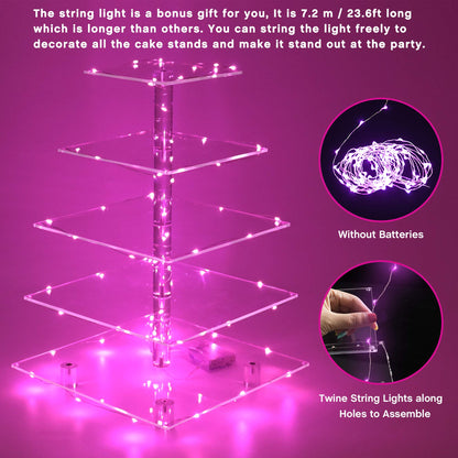 YestBuy 4 Tier Cupcake Stand Acrylic Tower Display with LED Light Premium Holder Dessert Tree Tower for Birthday Cady Bar Décor Weddings, Parties Events (Yellow Light)