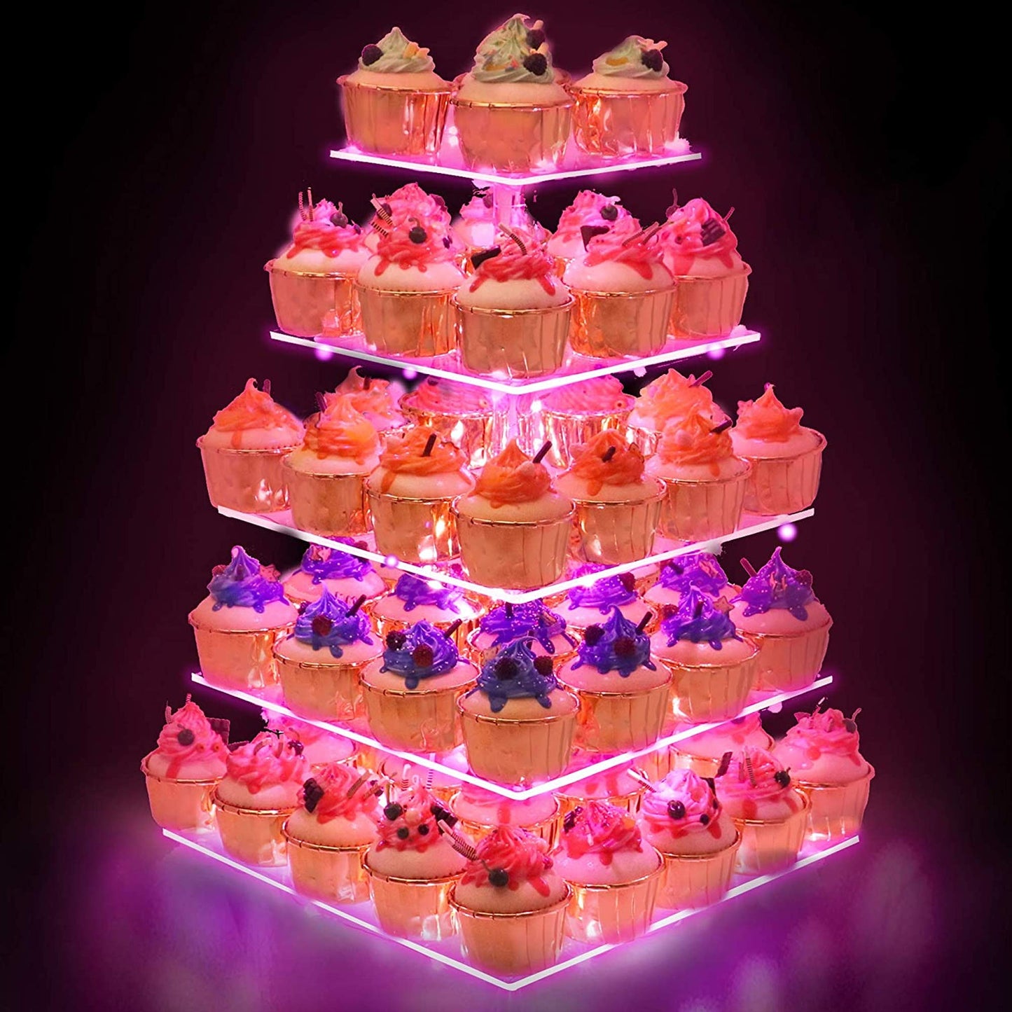 YestBuy 4 Tier Cupcake Stand Acrylic Tower Display with LED Light Premium Holder Dessert Tree Tower for Birthday Cady Bar Décor Weddings, Parties Events (Yellow Light)