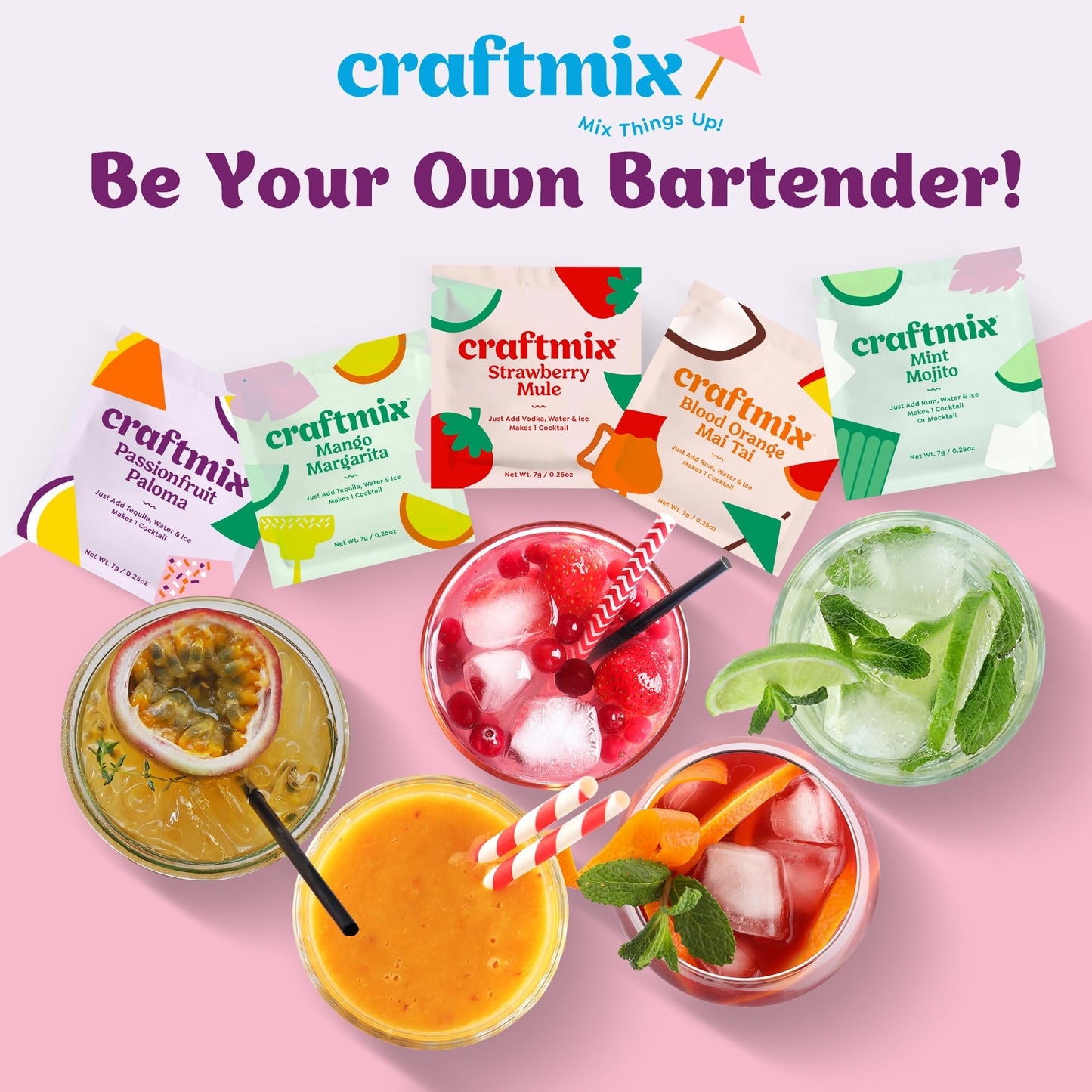 Craftmix Variety Pack, Makes 12 Drinks, Skinny Cocktail Mixers, Mocktails Non-Alcoholic Drinks - Made With Real Fruit - Vegan Low-Carb, Low-Sugar, Non-GMO, Dairy Free, Gluten Free, Easy to Mix