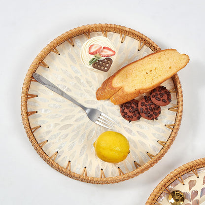 Round Rattan Tray with Mother of Pearl Inlay, Rattan Serving Tray with Wooden Base, Decorative Wicker Basket for Table Decor, Storage and Display of Coffee Bread Food Fruit (Plume)